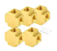 GASHER 5PCS Brass Pipe Fitting, Barstock 4 Way Cross, 1/4" x 1/4" x 1/4" x 1/4" BSP Female Pipe