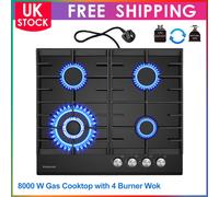 GASLAND 60cm Black 4 Burner Wok Gas On Glass Hob with Cast Iron Pan Stands 8000W