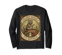 Gaslight Yourself Into Happiness Funny Raccoon Vintage Meme Long Sleeve T-Shirt