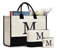 GASSDA Initial Canvas Tote Bag, Birthday Gifts For Women, Monogram Personalized Gifts For Women Mom Teachers Bridesmaids, M 3set, M