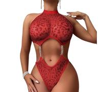 Gatamiau Sexy Leopard Print Mesh Bodysuit for Women Hollow Out Leopard Teddy Lingerie Halter One Piece See Through Bodysuit Sleeves Nightwear Naughty Babydoll Leotard (Red, XL)