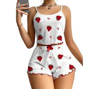 Gatamiau Women’s 2 Piece Short Pyjama Set Spaghetti Strap Cropped Cami & Adjustable Shorts Red Strawberry Print Adorable Summer Nightwear Loungewear (UK, Alpha, M, Regular, Regular, White-Strawberry)