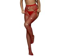 Gatamiau Women's Sexy Sparkly Fishnet Stockings Shiny Rhinestone See Through Mesh Side Cut Out High Waist Sparkly Fine Mesh Stockings Tights Lingerie (UK, Alpha, One Size, Regular, Regular, Red)