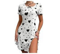 Gatamiau Women's Short Sleeve Nightdress, Printed Nightgowns, Round Neck Above Knee Nightshirt, Sexy Hem Slit Fungus Trim Lingerie, Soft Pullover Style Nightie (Black, M)