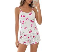 Gatamiau Women's Summer Pyjama Sets Cami Top +Pj Shorts, Cute Cherry Print Spaghetti Strap Stretchy Comfy Sleepwear Lounge Set for Summer Soft Nightwear (UK, Alpha, XL, Regular, Regular, White)