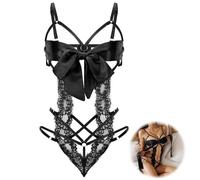 Gatamiau Womens Unwrap Me Big Bownot Bodysuit Sexy Floral Lace Babydoll Lingerie Ladies Bodysuit One Piece Naughty Teddy Elastic Underwear for Valentine's Day Honeymoon (Black, One Size)