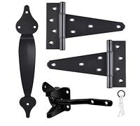 Gate Hardware Kit Heavy Duty,with Self Locking Gate Latch,6 inch T Strap Gate Hinges and 10 inch Gate Door Handle Pull,Shed Door Hardware Set for Wooden Vinyl Fence,Gate,Farm,Garden,Black Finish