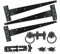 Gate Hinge Kit Fitting Set 16" Hinges Brenton Bolt Ring Latch Wooden Gate Black - HAVEN HERITAGE