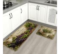 Gather & Cook Kitchen Mats for Floor, Vintage Herb and Grape Pattern Soft Mats, Spring Cushioned Comfort Washable Decor Rugs for Kitchen Sinks Laundryroom Bathroom 2pcs