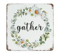 Gather Hanging Metal Signs Customized Porch Signs Seasonal Wreaths Round Wall Decorations Aluminum Metal Sign for Backyard Outside Pubs Club 12x12 Inch