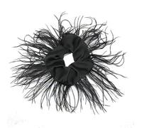 Gathered Hair Scrunchie with Decorative Plume Trim Detail, Black | Plume Trim Around the Scrunchie, Lustrous Gathered Fabric Base, Visible Texture with Practical Hair Tie Use