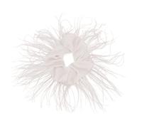 Gathered Hair Scrunchie with Decorative Plume Trim Detail, White | Plume Trim Around the Scrunchie, Lustrous Gathered Fabric Base, Visible Texture with Practical Hair Tie Use