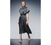 Gathered Neck Flared Skirt Satin Midi Dress Principles Slate 12