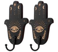 GATHINESS 2pcs Wooden Evil Eye Hand of Hamsa Wall Hooks for Room, Space Saving Synthetic Material Storage Hooks for Clothing and Towels, Simple Stylish Black Decor