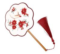 GATHINESS Embroidered Double-Sided Silk Round Hand Fan Traditional Eight-Petal Chinese Circular Fan with Red Flower Phoenix Design Portable for Dance and Cultural Craft