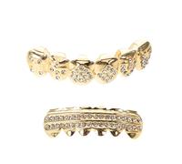 GATHINESS Hip Hop Double Row Teeth Grills with Poker Rhinestone Mouthpiece, 6-Teeth Removable Caps for Men Women, Solid Fit Jewelry for Costume Parties and Rapper Events