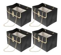 GATHINESS Reusable Black Paper Shopping Bag Set of 4pcs with Metal Chain Handles, Multi-functional Rectangular Bags for Graduation Time, Shower, and Floral Present Wrapping