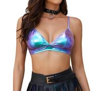Gatielzana Women's Metallic Crop Tops Shiny Light-Support Rave Bra Swimsuit Top, Holographic Blue, Medium