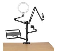 Gator Frameworks 6-in-1 Content Creator Streaming Desktop Stand Set Includes Smartphone, Tablet, Laptop Clamps, Vesa Mount, Ring Light, Microphone Boom Arm, Black (GFW-STREAMSTAND)