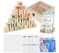 Gatphy 174Pcs Baby Shower Block Decorating Game Kit with 48 Wooden Blocks, 24 Color Pens, Wood Sign, Storage Box and 100 Templates, DIY Party Activity Set for Gender Reveal Birthday Party Decorations