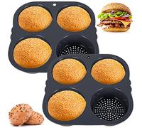 Gatphy 2PCS Silicone Hamburger Bun Molds 4 Cavity Non Stick Baking Pans 4 Inch Reusable Flexible Egg Muffin Burger Bun Baking Tray for Air Fryer Ovens Microwave Oven (4 Cavity)