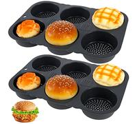 Gatphy 2PCS Silicone Hamburger Bun Molds 6 Cavity Non Stick Baking Pans 4 Inch Reusable Flexible Egg Muffin Burger Bun Baking Tray for Air Fryer Ovens Microwave Oven (6 Cavity)