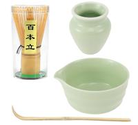 Gatphy 4Pcs Ceramic Matcha Kit, 500ml Japanese Tea Set Matcha Making Starter Kit with Whisk Holder, Bamboo Whisk, Ceramic Bowl with Pouring Spout, Scoop (Green2)