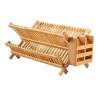 Gatphy Dish Drainer Drying Rack Bamboo Dishes Drying Rack, 2 Tier Bowl and Dish Holder with Utensil Box Collapsible Bowl and Plate Storage Rack Dish Plate Kitchen Rack for Kitchen Counter(20 grid)