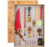 Gatphy Quill Pen and Ink Set Feather Pen Calligraphy Set Vintage Wax Seal Stamp Mechanical Gears Wings Design Includes Dip Pen 5 Replaceable Nib Ink Wax Seal Stamp Pen Holder (Claret)