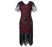 Gatsby 1920s Flapper Dress Women Vintage Sequin Fringe Beaded Art Deco Fancy Dress with Sleeve for Party Prom Wine Red