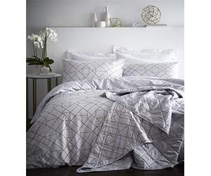 Gatsby Goemetric Duvet Cover and Pillowcase Bed Set, Percale Cotton, Off White Ivory, Double