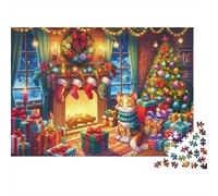 Gatto di Natale con Camino Puzzle da 1000 Pezzi per Adulti, Cartone Spesso, Carta Riciclata Premium, Camino Accogliente di Natale, Decorazione per Casa, Gioco di Sfida Mentale, 52x38cm