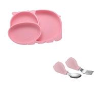 Gatuida 1 Set Silicone Divided Plate with Fork and Spoon Food Grade Safe Weaning Tableware for High Temperature Resistant Non Toxic Training Dish for Boy Girl Pink