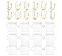 Gatuida 12 Sets Mini Rosary Bracelets with Pearl Cross, Small Religious Prayer Chaplet Bracelets for Baptism and First Communion Favors, White and Gold Tone 7x9cm, Wedding and Party