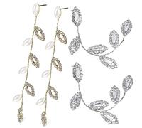Gatuida 2 Pairs Long Silver Earrings for Women Rhinestone Leaf and Pearl Dangle Bridal Jewelry Wedding Accessories for Brides and Formal Occasions