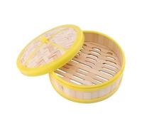 Gatuida 20cm Bamboo Steamer Basket Yellow Rim and Lid, Single Tier Steam Basket for Dumplings, Buns, Vegetables, and Rice, Chinese Food Steamer for Home Cooking