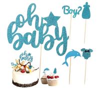 Gatuida 25Pcs Blue Glitter Paper Cake Toppers Boy Birthday Decorations Cake Inserts for Shower and Boys Party Supplies