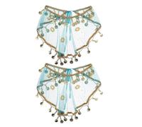 Gatuida 2Pcs Peacock Blue Belly Veil with Tassels for Women - Large Half-Moon Tribal Indian Dance Accessory for Masquerade and Festival Costumes