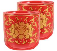 Gatuida 2pcs Red Ceramic Water Offering Cups for Temple and Home Use, Round Shape No Burrs, Sturdy Drinking Cups Suitable for Buddhist Worship and Daily Use