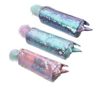 Gatuida 3Pc Transparent Sequin Pencil Cases Cartoon Makeup Pouch Stationery Organizer for School Office Compact Large Capacity Glittering Pink Green Purple