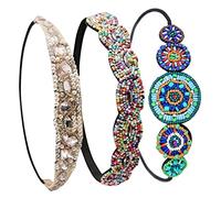 Gatuida 3pcs Elastic Beaded Jeweled Headbands Set Colored Beads and Rhinestone Circles, Stretch Hair Accessories for Women’s Vintage 70s Style, Suitable for Short Hair and Daily Wear
