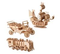 Gatuida 3Set DIY Wooden Puzzle Craft Models of Car Boat Train Interactive Learning for Fun and Creative Wooden Puzzles for Boys
