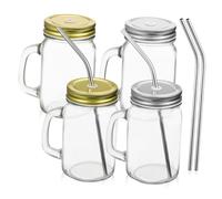 Gatuida 4 Pcs Glass Mugs with Lids and Stainless Steel Straws Square Clear Drinking Jars with Handles Spill Reusable Cups for Water Juice Milk Coffee