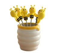 Gatuida 7 Pcs Stainless Steel Fruit Fork Set with Silicone Bee Shape Handles and Ceramic Holder Base, Reusable Dessert Forks for Daily Use and Serving Cakes, Tarts, and Pastry