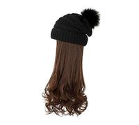 Gatuida Detachable Long Wavy Hair Wig with Warm Knitted Winter Hat for Women Black Beanie Cap with Realistic High Temperature Silk Hair Cozy Cold Weather Headwear for Parties and Daily