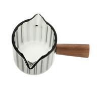 Gatuida Ergonomic Wood Handle Espresso Glass Measuring Cup Double Spout Milk Frothing Pitcher with Ribbed Design Single Serve Syrup Serving and Creamer Jug for Home and Office Use