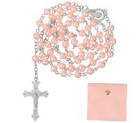 Gatuida Pink Pearl Rosary Necklace with Cross for Women Durable Roman Catholic Prayer Beads with Storage Pouch Fashionable Multi Use Catholic Jewelry Accessory