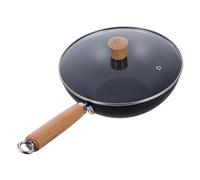 Gatuida Small Uncoated Iron Wok Pan with Lid Deep Frying Skillet Wooden Handle Nonstick Surface Easy Storage Hanging Ring Kitchen Cookware for Stir Fry Cooking