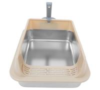 Gatuida Stainless Steel Cat Litter Tray with Removable Lid and Scoop Enclosed Metal Litter Box for Easy Cleaning Minimal Tracking Compact Travel-friendly Design Medium Khaki Pan for Home