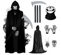 Gatwrmth 6-Piece Grim Reaper Costume Halloween Fancy Dress - Hooded Velvet Cloak with Skull Mask, Skeleton Gloves, Scythe Prop, Skull Necklace & Temporary Tattoos - One Size Fits Most Teens & Adults
